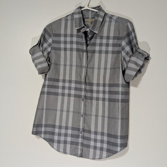 Burberry Brit Rolled Sleeve Plaid Top Light Blue Grey Size Small - Picture 1 of 6